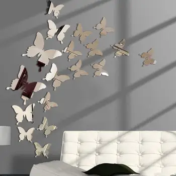 12 бр./лот, стикер на стената с огледало под формата на 3D пеперуди, стенно изкуство, Преносимо Сватбена украса, стикер за декорация на детска стая
