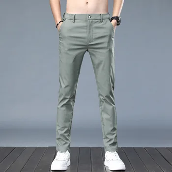 2023 Летни Ежедневни Панталони Мъжки Тънки Стрейчевые Slim Fit С Еластичен Колан Памучни Бизнес Класически Корейски Мъжки Панталони Цвят Каки Сив