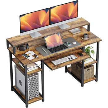 47-инчов компютърен маса CubiCubi с рафтове за съхранение, поставки за монитор, тава за клавиатурата, бюро за домашния офис, писмени принадлежности за училище