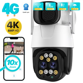 4K 8MP 4G Сим-карта Помещение Открит WiFi 2,8 мм-8 мм Двоен Обектив 10-кратно Увеличение IP камера AI Проследяване на Аудио Сигурност, ВИДЕОНАБЛЮДЕНИЕ Камера H. 265 Camhi