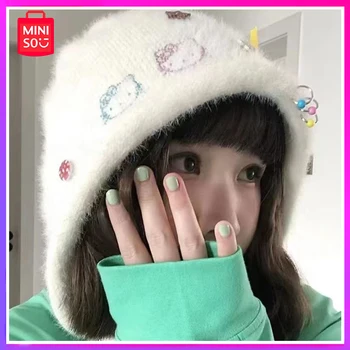 Miniso Sanrio 2024, топла шапка с диаманти, аниме Kawai, есен и зима, Космати топла шапка Hello Kitty, Коледен подарък-изненада за рождения Ден.