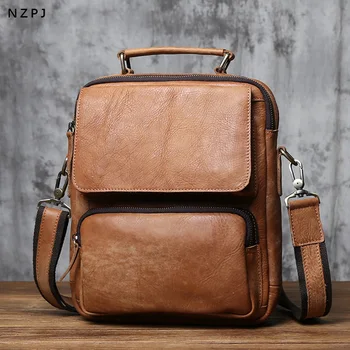 NZPJ Реколта мъжка чанта през рамо от естествена кожа, ежедневна чанта през рамо от естествена телешка кожа, модерен чанта, подходяща за 11-инчов Ipad