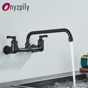 Onyzpily Черен смесител за мивка Стенен с две дръжки Кран за баня Завъртане чучур на Чешмата от антични месинг смесител за топла и студена вода