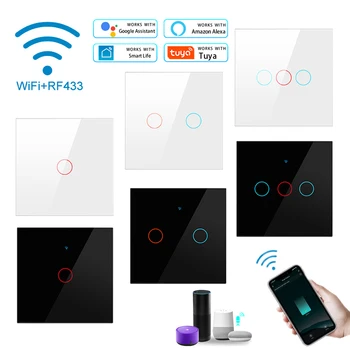 Sasha Smart Life Стандарт на ЕС Wi-Fi Сензорен прекъсвач на светлина е монтиран на стената интелигентен ключ 433RF Дистанционно Гласово управление с Алекса Alice Google Home
