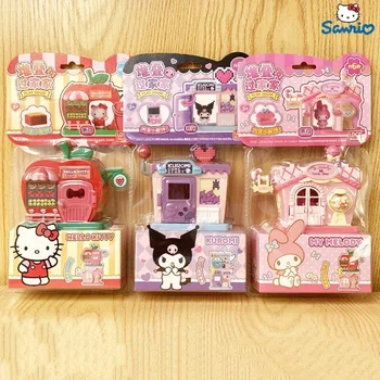 Аниме Sanrio Hello Kitty Kuromi Cinnamoroll Play House Toys Street View Срастване, Монтаж, Штабелируемая колекция от модели, Подарък за деца