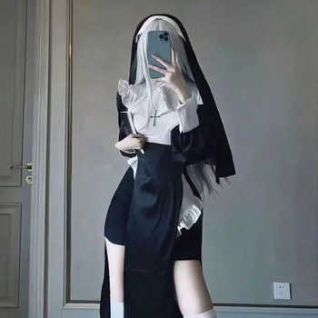 Аниме Секси монахиня Оригинален дизайн Cosplay Форма Чоуби Черна секси рокля голям размер Костюми за Хелоуин за жени