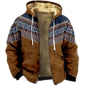 Блузи с цип за мъже, ежедневни богемные племенни щампи, Зимно палто, hoody с дълъг ръкав, Ежедневно яке с качулка, връхни дрехи