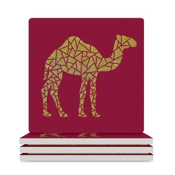 Геометричен рубини и злато в стил пустинята, керамични подложки с геометричен модел камила (квадратни), сладки, черни поставки за чаши