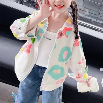 Деним яке с цветен принтом за момичета, бяла пролет-есен яке, нова корейска версия на европейската и на американската мода от 5 до 6 години