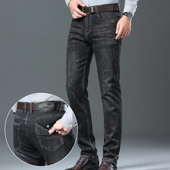 Еластичен мъжки дънки с високо качество, бизнес ежедневни луксозни прави панталони обикновена засаждане, официални панталони на новата марка.
