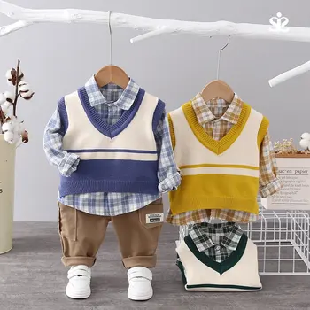 Есенна мода детски памучни дрехи за малките момчета и момичета, джентълменско пуловер, жилетка, риза в клетката, панталони, 3 бр./компл., джобни деца за деца