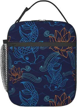 Златната рибка, синя японската художествена чанта за обяд Lotus, множество запечатани чанта за хранене, подходящ за работа, обучение, пикник, разходки