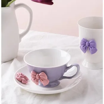 Керамични чаши с анимационни лък, един Сладък Комплект чаши и блюдец, Кафеена Чаша, Аксесоари за следобеден чай, Подарък за рожден Ден, Чаши, чаши за Кафе