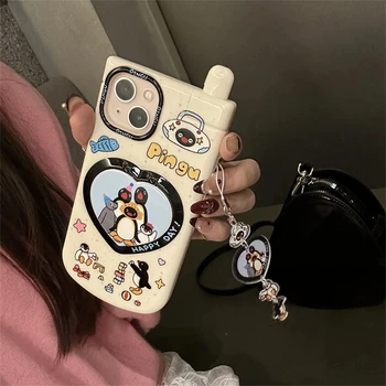 Корейски сладък cartoony висулка във формата на пингвин с 3D огледало във формата на сърце Калъф за телефон за iPhone 15 14 13 12 Pro Max 11 Стилен защитен мек калъф