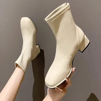 Ластични чорапи, Ботуши, Модни ботильоны, дамски къси ботуши на висок ток с квадратни пръсти, дамски обувки в стил ретро 2023 г., Нов дамски обувки