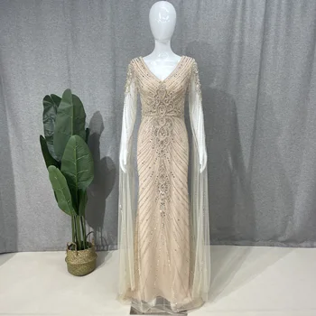 Луксозни Златни рокли Ume с ръкави-накидками 2023, Елегантни дамски рокли за сватбени партита