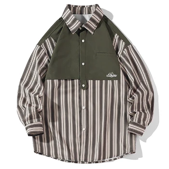 Лятна раирана риза оверсайз с дълъг ръкав, мъжки мешковатая блуза, модни Корея ежедневни облекла копчета, блузи, мъжки-голям размер 5XL