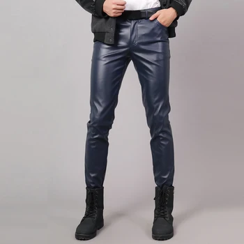 Марка Thoshine, пролетно-есенни мъжки кожени панталони, оборудвана еластичен стил, мъжки модерни панталони от изкуствена кожа, танцови панталони за cosplay в стил пънк