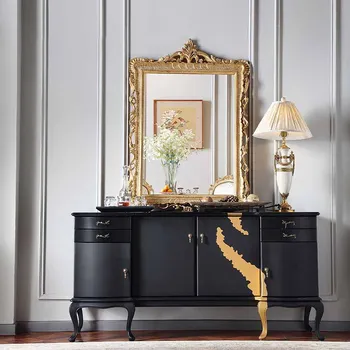 Маса за хранене, шкаф, от масивно дърво френски светлина клас лукс с матово черно злато, европейски художествен гардероб за антре вили