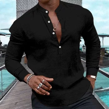 Модерен мъжки монофонични жилетка с дълъг ръкав, риза с яка Хенли, розова хавайска риза за почивка с дълъг ръкав, лятна ежедневни облекла