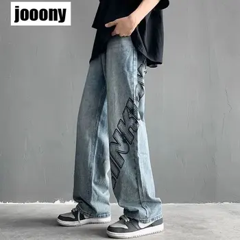 Модерен панталон с модел, мъжки летни дънкови прави панталони в корейски стил, градинска дрехи, реколта дънки с висока талия, естетика Y2k