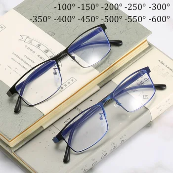 Модни Очила за Късогледство със Защита От Синя Светлина, Мъжки И Дамски Очила с Голяма Рамка, Метални Квадратни Очила По Рецепта, Диоптрийные Очила -1,5 -6,0