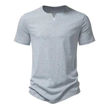 Мъжка лятна еластична, нова тениска от две части с V-образно деколте, однотонная тениска с къс ръкав