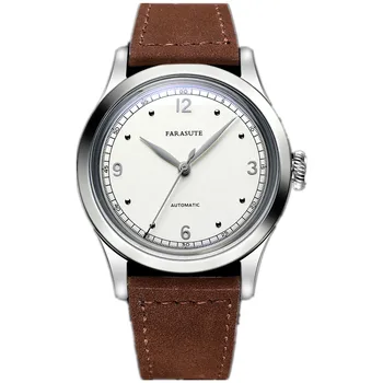 Мъжки автоматичен часовник FARASUTE 38 мм Луксозни реколта часовници Механични ръчни Часовници С извито огледало и кожена каишка Дата 821A