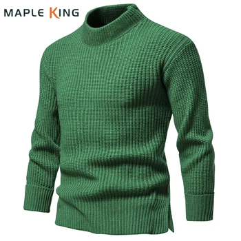 Мъжки Зелени Възли Пуловери 2023, Реколта Дрехи, Топло Обикновен Пуловер С Имитация на шията, Мъжки Коледен Пуловер, Pul Homme Marque Luxe