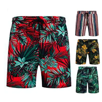 Мъжки къси панталони Плажни къси панталони от мека материя С износостойким шнурком, мъжки хавайски шорти с принтом тропически листа