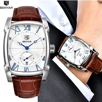 Мъжки часовник BENYAR, най-добрата марка за луксозни кварцов мъжки часовник Wist, военен кожена каишка, ежедневни квадратни часовник, водоустойчив подарък кутия