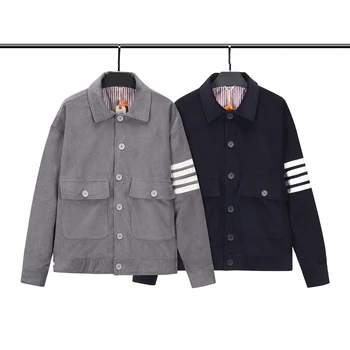 Мъжки яке TB от вельвета нова марка, палто на ивици с четири ивици, с много джобове, есента случайни вратовръзка с ревери и инструменти