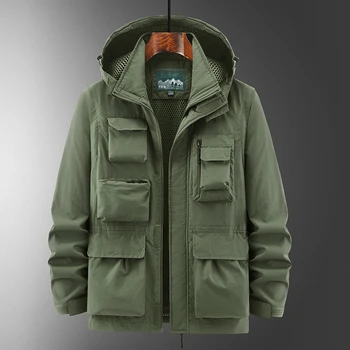 Мъжко яке с качулка, дебела ветровка, военно яке с много джобове, мъжко гъст топло висококачествено палто, есенното яке, зима