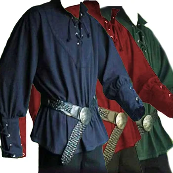 Нови възрастни мъже Младоженците средновековния Ренесанс Pirate реконструкция Костюм Ларпа Риза с шнур Топ с бандажными ръкав за мъже на средна възраст
