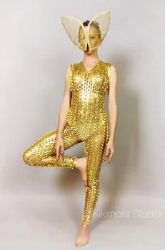Нощен костюм гого от злато по поръчка, монтиране на сексуалното сценичното представяне, танцов костюм DS