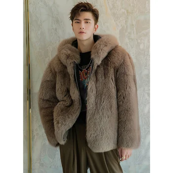Палто, Мъжки нов кратко яке от лисьего кожа есен / зима вълнени палта мъжка кожена ежедневно яке с качулка