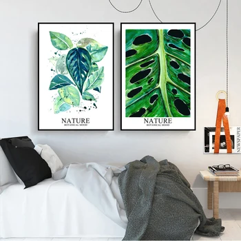 Плакат с тропически растения В скандинавски стил, декоративна живопис със зелени листа, съвременната стенопис в хола