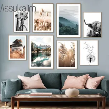 Платно с глухарче, плакат с образа на планински бик, щампи с участието на мост над езерото, снимки, фотоапарат, плакат в скандинавски стил, интериор за хол