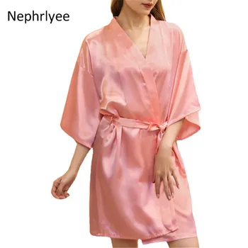 плюс размер на Жените Кратък нощен дрехи от изкуствена коприна и сатен, однотонная нощен дрехи, кимона, луксозен халат за баня, Секси халат, женски пеньюар, халат за баня