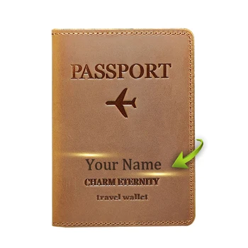 Потребителско име на притежателя на корицата на паспорта от естествена кожа, Персонални мрежи за паспорт Crazy Horse, мъжки бизнес семеен калъф за паспорт