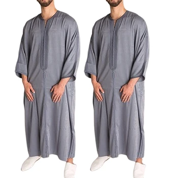 Пролет Есен Абая Дубай Кафтан Пакистански Мюсюлманска мода Ислямска Ретро Облекло Casual Свободен Халат с дълъг ръкав C63F