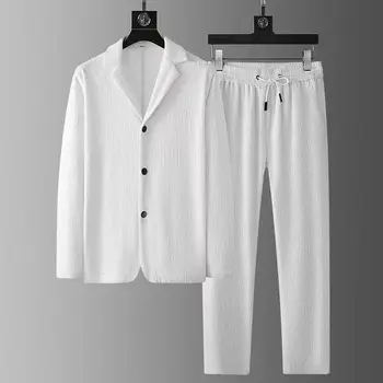 Пролетно-есенен мъжки костюм-сако с дълъг ръкав, однотонная яке на дълги, гънки, панталони, всекидневни удобен еластичен тънък модерен комплект от две части