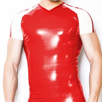 Риза от каучук, латекс, червено-бяло мъжки модерен гума топ, размер XXS-XXL за мъжки дрехи