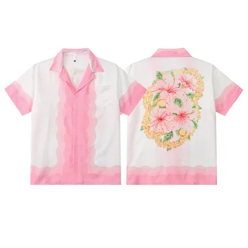 Розови мъжки ризи с дигитален печат в цветенце, къс ръкав, Без приятелка, лятна мода гладка удобна градинска облекло Camisa Masculina