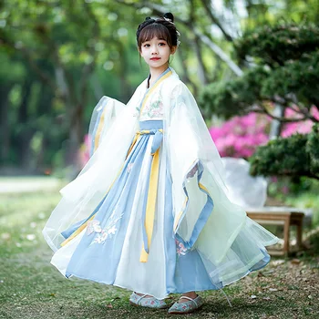 Рокля Ханфу с цветна бродерия за момичета, костюм за народни танци, традиционен китайски костюм на фея, с костюм на принцеса Древна династия Хан