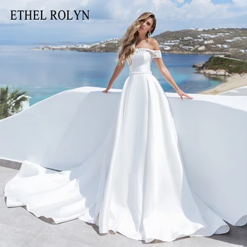 Сватбена рокля Трапецовидна форма ETHEL ROLYN 2024 С Нежни Апликации За Булката С Открити рамене, Атласное Сватбена рокля Без презрамки, Vestidos De Новия