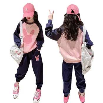 Спортни костюми за момичета, Сладък cartoony заек, детска hoody + панталони, 2 броя, ежедневни детски дрехи, есенен пуловер, спортен костюм, комплекти от 2 теми