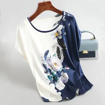 Тениска от ледената коприна женски летен комплект в стил сестри 2023 нов чужд стил на големия размер, с принтом, къс ръкав, свободна тънка риза