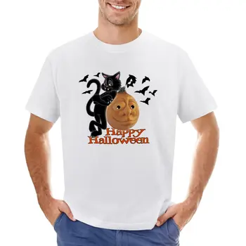 Тениска с черна котка и тиква за Хелоуин, летен топ, мъжки ризи с домашен любимец принтом за момчета