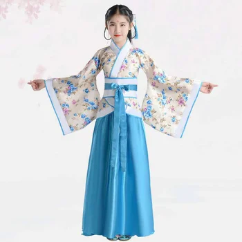Традиционната китайска пола с бродерия за момичета, топ-кимоно, Синьо, Лавандула, Розово, Червено, детски дрехи Hanfu, Елегантна рокля Hanfu, детска рокля